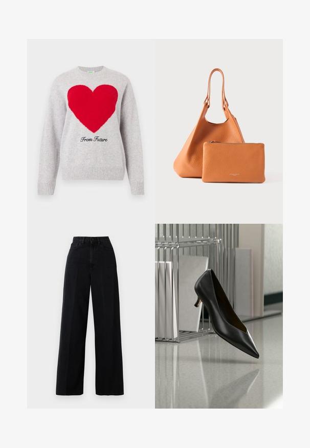 Hellgrauer gestrickter Pullover mit einem großen roten Herzen auf der Brust und dem Schriftzug "From Future" darunter in schwarzer Schreibschrift.; Schwarze, weit geschnittene Jeans aus Denim, mit hoher Taille, Fronttaschen und einer Knopfschließe. Der Stoff hat eine glatte Textur.; Schwarzer Leder-Kitten-Heel-Schuh mit spitz zulaufender Spitze, der über einem grau gesprenkelten Boden schwebt, neben einem Metall-Ordnerhalter mit Ordnern.; Orangefarbener Ledertaschen-Shopper mit strukturierter Oberfläche und doppelten Griffen, dazu eine passende Reißverschlusstasche. Beide Artikel sind glatt und minimalistisch.