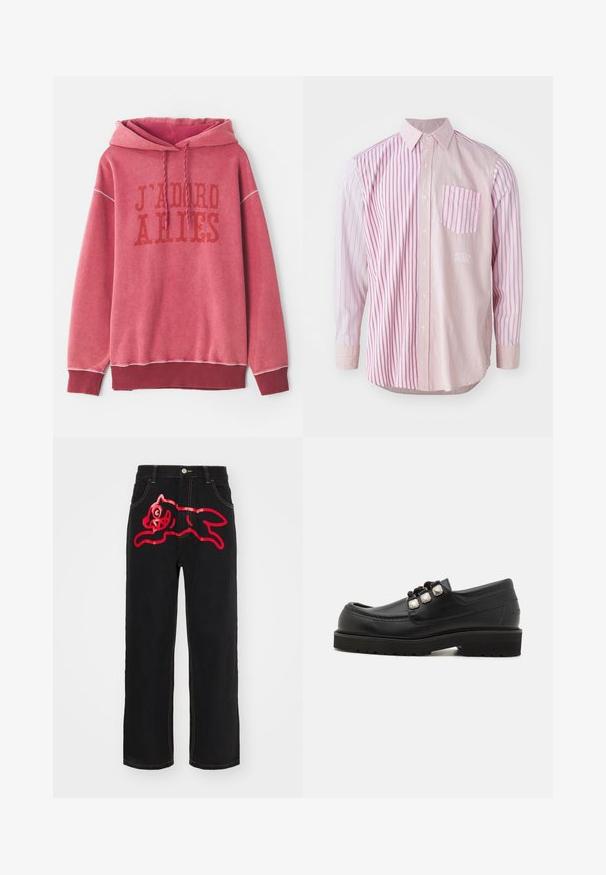 Sweatshirt rouge avec une capuche, affichant le texte imprimé "J'ADORE ARIES" en rouge foncé. Manches et ourlet côtelés avec un tissu doux et texturé.; Chemise à manches longues ornée de rayures roses larges et étroites alternées, avec un col à boutons et une poche sur la poitrine gauche au motif rayé similaire.; Jeans en denim noir avec un grand graphique rouge d'un chat sautant sur la poche arrière, accentués par des coutures jaunes contrastées le long des coutures.; Mocassins en cuir noir avec un bout arrondi, présentant trois accents métalliques et une semelle texturée pour une meilleure adhérence. Tige lisse et détails cousus.