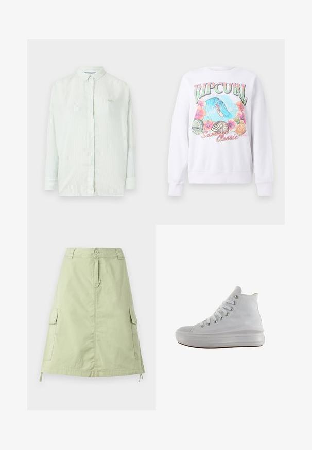 Valge kapuutsiga sweatshirth, millel on värvikas grafika "Ripcurl" ülaosas, troopilised lilled ja surfamise stseen. Klassikalise lõikega.; Hele roheline triibuline nööbiga särk, millel on krae, pikad varrukad ja diskreetne brändi logo rinnal; valmistatud siledast kangast.; Hele roheline puuvillane põlvikute seelik kahe külgmise cargo-taskuga, nupuga sulgemine ja lõdva sirge lõikega. Üksik tekstuur.; Valged kõrged teksakingad valgete paelte, metallist aukudega, paksu kummist tallaga ja tekstureeritud varbaküljega, suunatud vasakule valgel taustal.