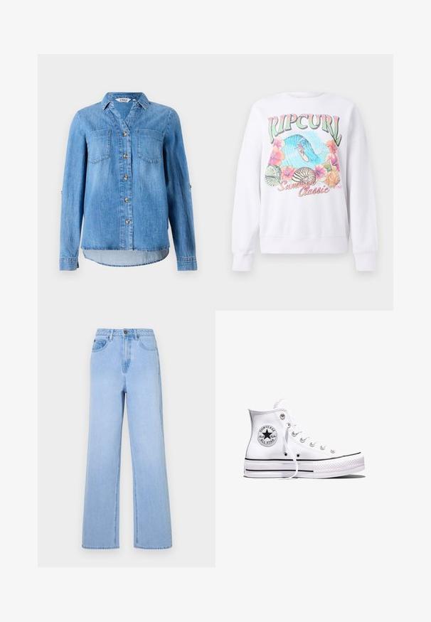 Hvid sweatshirt med et farverigt grafisk print med "Ripcurl" øverst, tropiske blomster og en surfescene. Klassisk stylet pasform.; Lys blå denimskjorte med knaplukning foran, to brystlommer og ærmer som kan rulles op med knapdetaljer.; Lysblå højtaljede jeans med bred ben-design, lavet af denim. Har markante syninger og fem-lommes styling.; Hvid Converse Chuck Taylor All Star højt snøresko med sorte striber og logoemblem på siden, vist mod en ensfarvet hvid baggrund.