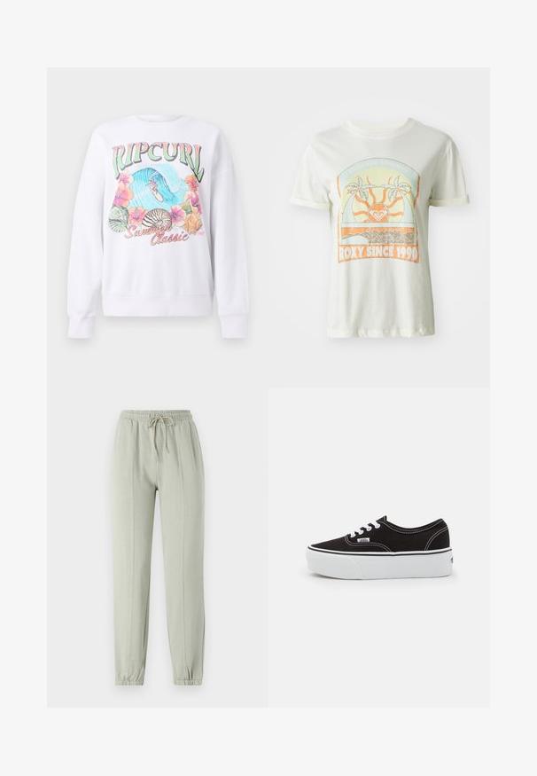 Hvid sweatshirt med et farverigt grafisk print med "Ripcurl" øverst, tropiske blomster og en surfescene. Klassisk stylet pasform.; Cremefarvet bomulds t-shirt med et retro grafisk design med palmer, sol og "ROXY SINCE 1990" i orange og teal accenter. Korte ærmer.; Lys grønne sweatpants med elastisk talje, justerbar snøre og tapered manchetter. Har vertikale sømdetaljer langs fronten.; Sort lærred sneakers med en hvid gummi platform sål, der har hvide snørebånd og syninger, ikonisk branding på siden, lav-top design.