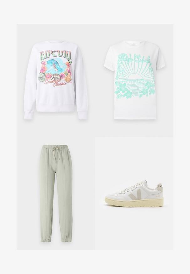 Hvid sweatshirt med et farverigt grafisk print med "Ripcurl" øverst, tropiske blomster og en surfescene. Klassisk stylet pasform.; Hvid t-shirt med korte ærmer og turkistryk af en solnedgang over havbølger, palmetræer, hibiscusblomster og "Rip Curl" tekst.; Lys grønne sweatpants med elastisk talje, justerbar snøre og tapered manchetter. Har vertikale sømdetaljer langs fronten.; Hvide lærreds sneakers med beige ruskindsdetaljer, perforeret tåboks, flade snørebånd og en struktureret cremefarvet sål. Har diskret branding på hælen.