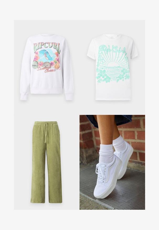 Hvid sweatshirt med et farverigt grafisk print med "Ripcurl" øverst, tropiske blomster og en surfescene. Klassisk stylet pasform.; Hvid t-shirt med korte ærmer og turkistryk af en solnedgang over havbølger, palmetræer, hibiscusblomster og "Rip Curl" tekst.; Grønne fløjl bukser med vidde, elastisk talje og snøre detaljer. Lodrette ribber i stoffet skaber tekstur.; Hvide lærreds sneakers med gummisåler, der har seks snørehuller, rund tå og let sømdetaljer, krydret med hvide ankelstrømper.