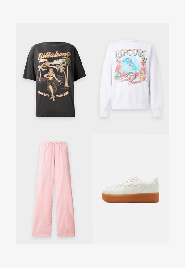 Sudadera blanca con un estampado gráfico colorido que incluye "Ripcurl" en la parte superior, flores tropicales y una escena de surf. Ajuste de estilo clásico.; Camiseta de algodón negra con un gráfico colorido de una bailarina de hula, palmeras y el texto "Billabong" en letras en negrita.; Pantalones de pierna ancha en color rosa claro, confeccionados en una tela suave, con una cinturilla elástica y cordón para un ajuste regulable y una textura sutil.; Zapatilla blanca de perfil bajo con suela gruesa de goma marrón, detalles laterales cosidos y cierre de cordones con una pequeña pestaña de velcro.