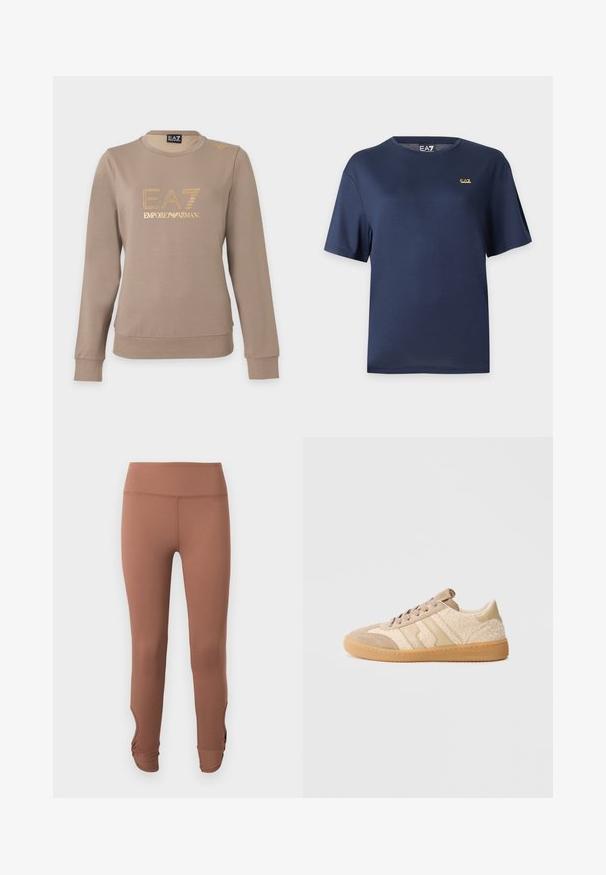 Sweat-shirt taupe à manches longues avec col rond, logo EA7 Emporio Armani doré et petit détail doré sur l'épaule gauche.; T-shirt bleu marine à manches courtes avec col rond et petit logo doré EA7 sur la poitrine gauche, sur fond clair.; Leggings marron taille haute avec détails froncés à la cheville, présentés sur un fond clair uni.; Baskets beiges combinant du daim et un tissu texturé, avec une semelle en gomme et des rayures beiges contrastantes. Bout rond et design à lacets.