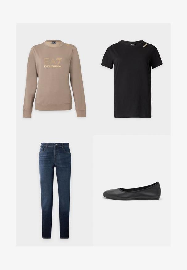 Taupe langærmet sweatshirt med rund hals, gult EA7 Emporio Armani logo og lille gulddetalje på venstre skulder.; Sort t-shirt med korte ærmer og rund halsudskæring samt lille gyldent skrift ved venstre skulder, mærket Armani Exchange inde i kraven.; Mørkeblå denim jeans med lige pasform. Har en knap- og lynlås-lukning, fem lommer og kontrastsyet. Glat tekstur.; Sort læderballetsko med rund tå, glat tekstur, minimal syning og et fleksibelt såldesign.