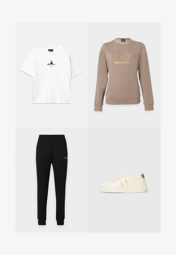 Taupefarbenes Langarm-Sweatshirt mit Rundhalsausschnitt, goldenem EA7 Emporio Armani Logo und kleinem goldfarbenen Detail auf der linken Schulter.; Weißes Baumwoll-T-Shirt mit lockerer Passform, das in der Mitte einen schwarzen Grafikdruck zeigt, der Text und ein Silhouetten-Design umfasst.; Schwarze, schmal zulaufende Jogginghose mit elastischem Bund und Bündchen, versehen mit kleinem goldenem „Armani Exchange“-Logo am rechten Oberschenkel.; Cremfarbene Low-Top-Sneaker mit goldenen Akzenten, Schnürsenkeln und geprägtem "Armani Exchange"-Branding auf der Sohle und dem Seitenpatch.