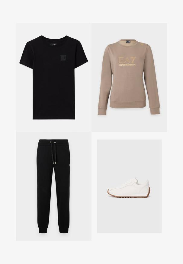 Sudadera taupe de manga larga con cuello redondo, con logo dorado EA7 Emporio Armani y pequeño detalle dorado en el hombro izquierdo.; Camiseta de algodón negra con cuello redondo y mangas cortas. Presenta una pequeña etiqueta rectangular con el logotipo en la parte delantera.; Pantalones jogger negros con cintura elástica y cordón, puños acanalados y sutil detalle del logo en la pierna lateral.; Zapatilla blanca con parte superior de cuero liso, suela de goma texturizada, punta redondeada y detalles de costura sutiles. Suela exterior de goma marrón en contraste.