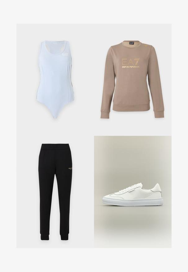 Sweat-shirt taupe à manches longues avec col rond, logo EA7 Emporio Armani doré et petit détail doré sur l'épaule gauche.; Justaucorps de sport bleu clair sans manches avec dos nageur et petit logo blanc EA7 sur le haut du côté gauche de la poitrine.; Pantalon de survêtement noir fuselé avec taille et poignets élastiques, présentant un petit logo doré "Armani Exchange" sur la cuisse droite.; Baskets basses blanches avec fermeture à lacets, dessus en cuir lisse et semelle extérieure blanche texturée en caoutchouc sur un fond neutre.