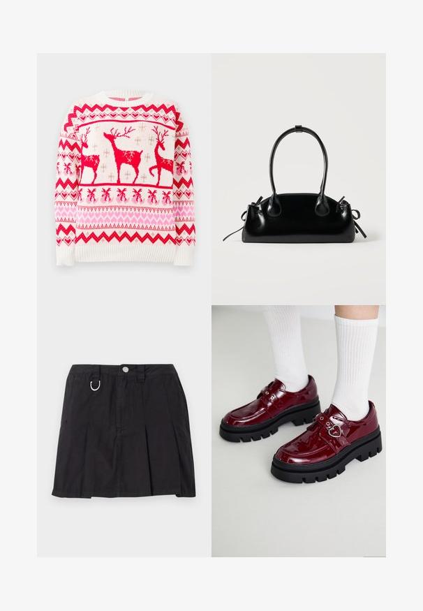 Strikket sweater i hvid med et mønster af røde og pink rensdyr, som har hjerter og zigzag-motiver. Ribbenstrik ved ærmerne og i kanten. Klassisk rund halsudskæring.; Sort plisseret nederdel lavet af bomuld, med frontknaplukning, bæltestropper og en D-ring detalje i taljen.; Bordeaux patent læder sko med en kraftig sort sål, dobbelt rem med hjerte detalje og ribbede hvide sokker. Retro design med tykkere greb.; Lille sort blank håndtaske med to lange håndtag og snøre-detaljer i siden på en ensfarvet lys baggrund.