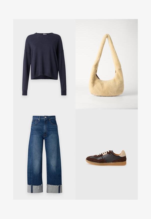 Donkerblauwe gebreide trui met een relaxte pasvorm, ronde halslijn en lange mouwen. Voorzien van geribde boorden en zoom, van lichtgewicht en gestructureerde stof.; Donkerblauwe denim wijde pijpen jeans met een rafelige zoom en lichtgrijze manchetten. Voorzien van een traditionele vijfzakkenontwerp.; Sneakers met een mix van donkerbruin suede en glad zwart leer, met crèmekleurige veter en een tan rubberen zool. Licht tan accent bij de hak.; Beige schapenleren schoudertas met een gebogen handvat en een afgeronde vorm. De textuur is zacht en plush, met minimale hardwareaccenten.