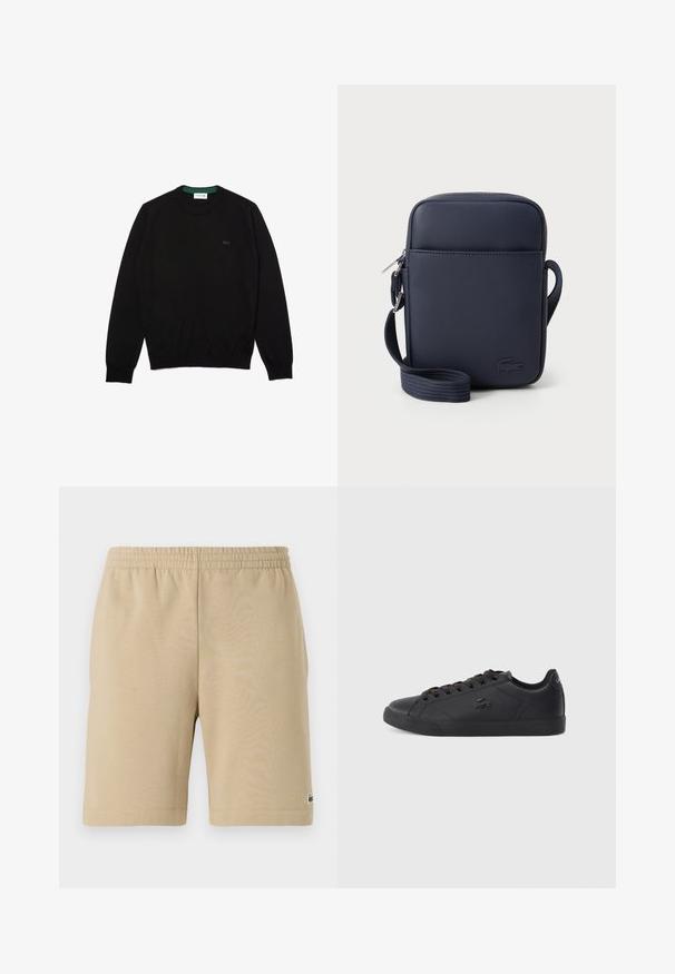 Schwarzer Rundhalsausschnitt-Pullover aus Baumwolle, mit gerippten Bündchen und Saum, sowie einem kleinen schwarzen Lacoste-Logo auf der Brust.; Beige Baumwollshorts mit einem elastischen Bund, knielangem Design und einem kleinen Logodetail auf der linken Seite. Glatte Textur und einfacher Schnitt.; Schwarze Lederschuhe haben ein tief geschnittenes Design, eine runde Zehenform, eine strukturierte Sohle und schwarze Schnürsenkel. Ein kleines Logo ist an der Seite sichtbar.; Navy Umhängetasche aus strukturiertem Stoff, mit Reißverschluss, verstellbarem Tragegurt und geprägtem Logo auf der Vorderseite.