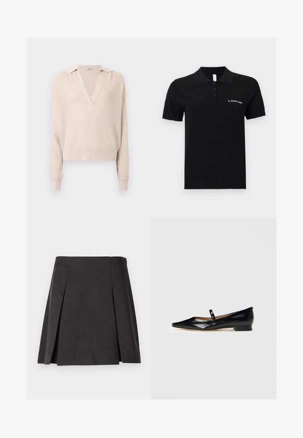 Beige strikket sweater med V-udskæring og krave, med lange ærmer og ribbede manchetter. Stoffet har et tekstureret mønster.; Sort polo shirt lavet af strikket stof med klassisk krave, korte ærmer, tre-knaps lukning og broderet tekst på brystet.; Sorth plisseret nederdel med en glat tekstur, skræddersyet form og en lige talje. Designet uden lukninger for en ren silhuet.; Sorte patenterede læder Mary Jane flade sko med spids tå, én rem og lav hæl på ensfarvet baggrund.