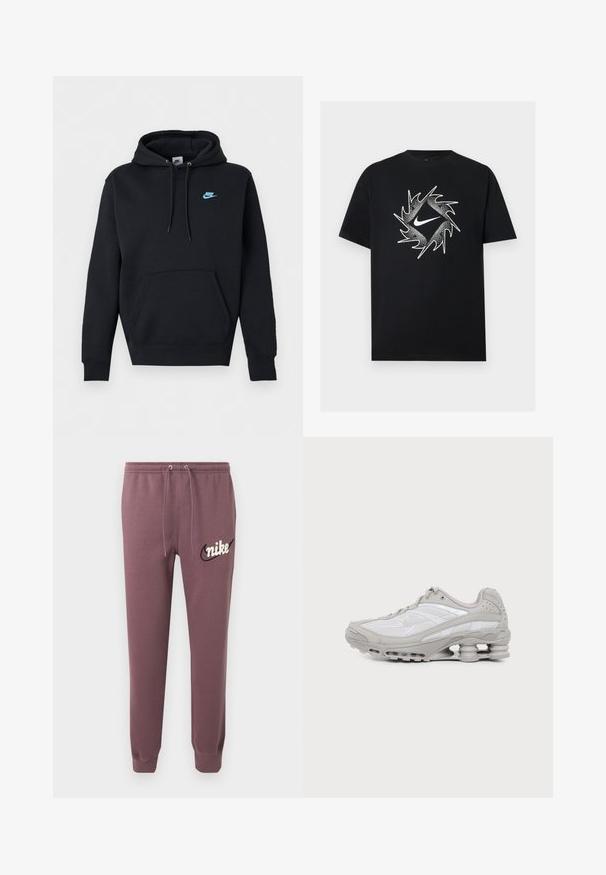 Μαύρο φούτερ Nike με μπροστινή τσέπη καγκουρό, κουκούλα με κορδόνι και μικρό μπλε λογότυπο Nike στο αριστερό στήθος.; Μαύρο κοντομάνικο μπλουζάκι με λευκό λογότυπο Nike στο κέντρο, περιτριγυρισμένο από δυναμικό κυκλικό σχεδιασμό με αιχμές.; Μαβ φούτερ παντελόνι Nike με ελαστική μέση, κορδόνι, μανσέτες στα πόδια και λευκό λογότυπο Nike με μαύρο σβούρα στο αριστερό μηρό.; Γκρι και άσπρο αθλητικό παπούτσι με ορατό αεριζόμενο πέλμα και πλέγμα, εμφανίζεται σε προφίλ σε απλό ανοιχτό φόντο.