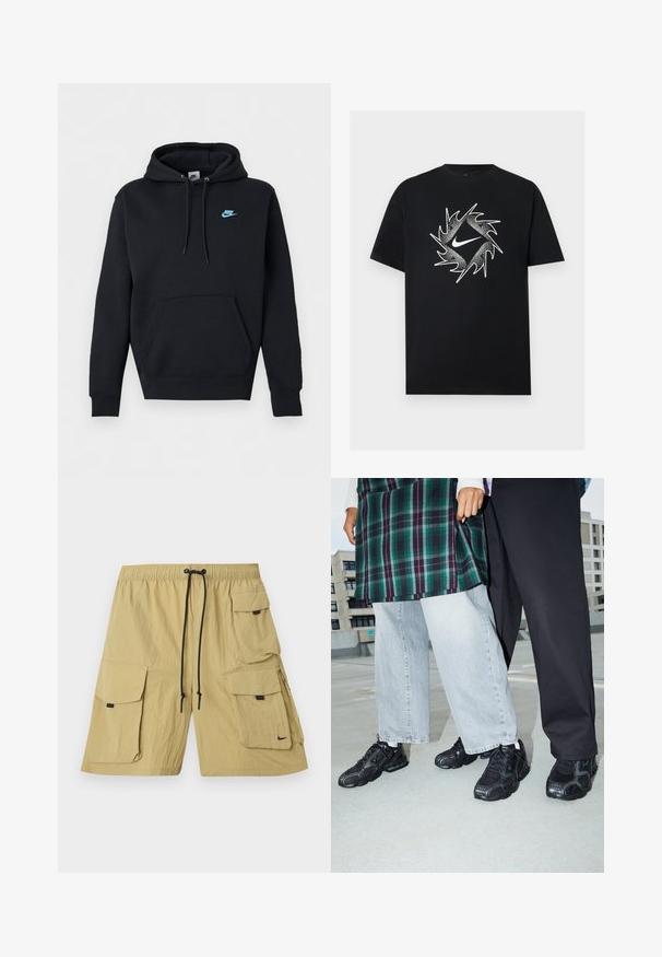 Čierna mikina Nike s predným klokanie kapsou, kapucňou so sťahovacou šnúrkou a malým modrým logom Nike na ľavej strane hrudníka.; Čierne tričko s krátkym rukávom s bielym Nike logom v strede, obklopené dynamickým ostnatým kruhovým vzorom.; Béžové cargo šortky vyrobené z ľahkej tkaniny. Majú niekoľko bočných vreciek, elastický pás so sťahovacou šnúrkou a malé logo.; Čierne športové topánky s sieťovinou a gumovými akcentmi. Nosené s svetlošedými širokými džínsami a kockovaným zeleným topom. Pozadie s plochým povrchom.