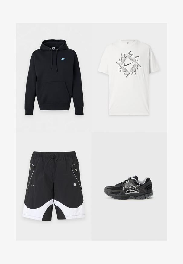 Sweat à capuche noir Nike avec poche kangourou à l’avant, capuche avec cordon de serrage et petit logo Nike bleu sur le côté gauche de la poitrine.; T-shirt blanc à manches courtes Nike avec un motif circulaire abstrait noir et le logo Nike swoosh central à l'avant.; Shorts de sport Nike noir et blanc avec taille élastique, cordon de serrage, poches latérales zippées et garniture réfléchissante sur les panneaux avant.; Chaussure de sport noire avec panneaux en mesh et accents synthétiques. Caractérisée par un bout arrondi, une semelle épaisse et rembourrée, et des détails de logo blancs contrastants.