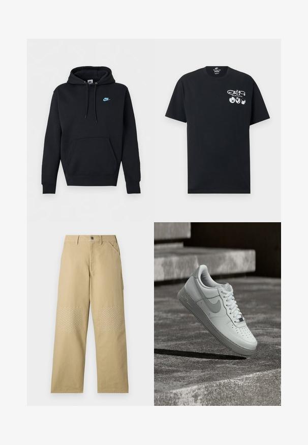 Must Nike tõmblukkudega kapuutsiga dressipluus, ees konnakotis, reguleeritava nööriga kapuuts ja vasakul rinnal väike sinine Nike logo.; Must lühikeste varrukatega Nike T-särk valgete sõnadega "Nature in Motion", kolme maakeraga ikooni ja Nike logoga vasakus rinnas.; Khaki puuvillased püksid, sirge jala disainiga, millel on valge ristpatterndega õmblused põlveplekkidel ning ees nööbid.; Valge Nike Air Force 1 tossujalg õhus tekstureeritud betoonpinna kohal, taustal kivist trepiastmed.