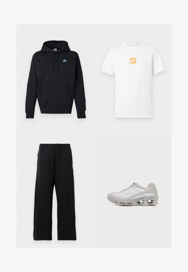 Must Nike tõmblukkudega kapuutsiga dressipluus, ees konnakotis, reguleeritava nööriga kapuuts ja vasakul rinnal väike sinine Nike logo.; Valge lühikeste varrukatega puuvillane T-särk, mille rinnal on väike oranž ruut valge Nike'i logoga ja Swoosh'iga.; Mustad mustad, pehmest kangast, tõmbluku ülesehitusega, laiad jalad ja küljetaskud, mis omavad siledat tekstuuri.; Hall-valge spordijalats nähtava õhkmadratsi ja võrgust detailidega, esitatud küljepildina lihtsal heledal taustal.