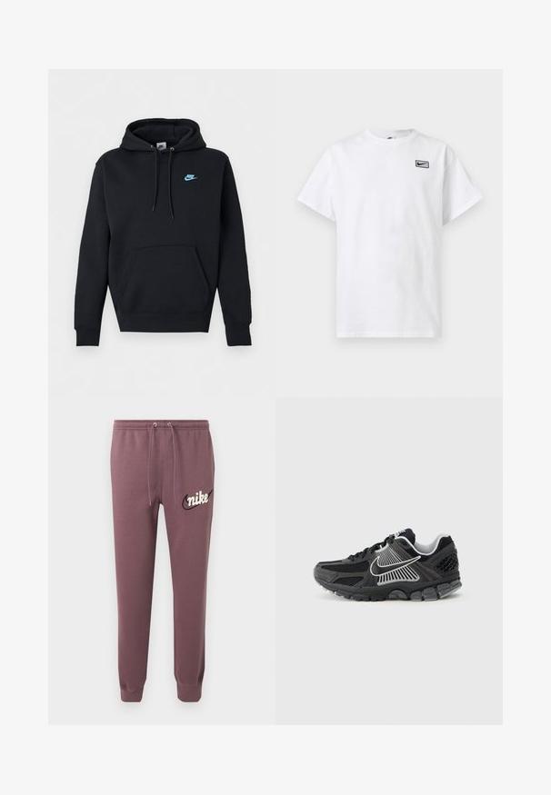 Μαύρο φούτερ Nike με μπροστινή τσέπη καγκουρό, κουκούλα με κορδόνι και μικρό μπλε λογότυπο Nike στο αριστερό στήθος.; Λευκό μπλουζάκι με κοντά μανίκια και στρογγυλή λαιμόκοψη, με μικρό μαύρο λογότυπο Nike swoosh μέσα σε ορθογώνιο στην αριστερή πλευρά του στήθους.; Μαβ φούτερ παντελόνι Nike με ελαστική μέση, κορδόνι, μανσέτες στα πόδια και λευκό λογότυπο Nike με μαύρο σβούρα στο αριστερό μηρό.; Μαύρο αθλητικό παπούτσι με πάνελ από δίχτυ και συνθετικές λεπτομέρειες. Διαθέτει στρογγυλεμένο μπροστινό μέρος, παχύ μαξιλαρωτό πάτο και λευκές λεπτομέρειες λογότυπου που ξεχωρίζουν.