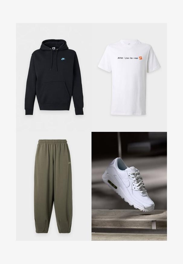 Sort Nike hættetrøje med for-kengululomme, snøre i hætten og lille blåt Nike-logo på venstre bryst.; Hvid T-shirt med korte ærmer med teksten "Nike Sportswear" i grå og marineblå samt et orange Nike-logo på brystet.; Grågrønne sweatpants med elastisk talje og manchetter. Har minimal branding i matchende tråd på siden. Blød tekstur.; Hvide lædersneakers med teksturerede overflader, polstret krave og synlig luftpolstring i sålen. Har snørrebånd og et minimalistisk design.