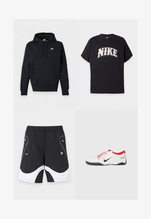 Schwarzer Nike Hoodie mit vorderer Kängurutasche, Kordelzugkapuze und kleinem blauem Nike-Logo auf der linken Brust.; Schwarzes T-Shirt mit kurzen Ärmeln und großem weißem "NIKE"-Text in fettem, welligem Stil auf der Brust sowie einem kleinen weißen Nike-Logo im Kragen.; Schwarz-weiße Nike-Sportshorts mit elastischem Bund, Kordelzug, seitlichen Reißverschlusstaschen und reflektierendem Besatz an den Vorderpaneelen.; Weißer Sportschuh mit roten Akzenten, schwarzem Swoosh-Logo und strukturiertem Design. Mit weißen Schnürsenkeln und schwarzem Außensohle. Text lautet "total90."