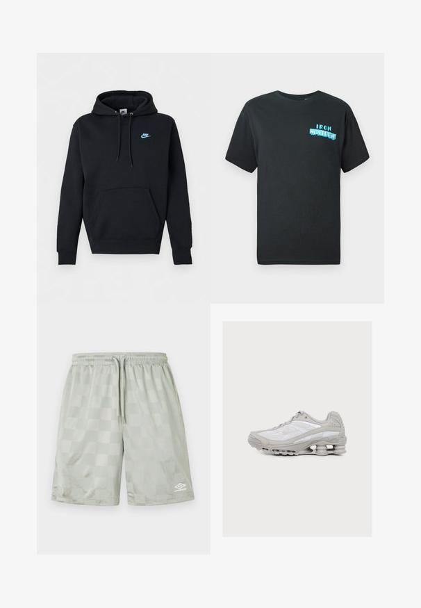 Sort Nike hættetrøje med for-kengululomme, snøre i hætten og lille blåt Nike-logo på venstre bryst.; Sort bomulds t-shirt med korte ærmer, med et blåt grafisk design, der viser teksten "IRON MAIDEN" i stiliserede bogstaver på forsiden.; Umbro FOOTBALL SHORT - Træningsbukser - harbor mist; Lysegrå og hvid atletiksko med synlig fjederlignende støddæmpning i sålen og meshstof på overdelen.