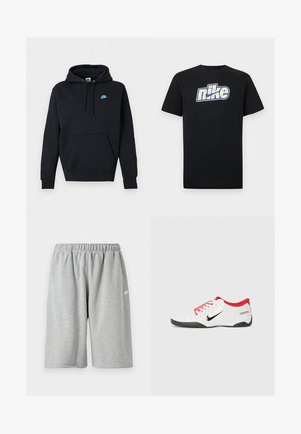 Schwarzer Nike Hoodie mit vorderer Kängurutasche, Kordelzugkapuze und kleinem blauem Nike-Logo auf der linken Brust.; Schwarzes kurzärmliges T-Shirt mit einem großen weißen und blauen Nike-Logo und Swoosh, mittig auf der Brust.; Graue Baumwollshorts mit elastischem Bund, locker geschnitten und einem kleinen weißen Logo nahe dem Saum. Glatte Textur, knielang.; Weißer Sportschuh mit roten Akzenten, schwarzem Swoosh-Logo und strukturiertem Design. Mit weißen Schnürsenkeln und schwarzem Außensohle. Text lautet "total90."