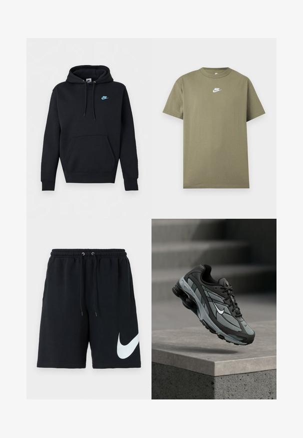 Μαύρο φούτερ Nike με μπροστινή τσέπη καγκουρό, κουκούλα με κορδόνι και μικρό μπλε λογότυπο Nike στο αριστερό στήθος.; Κοντομάνικο μπλουζάκι Nike σε ελιά πράσινο με στρογγυλή λαιμόκοψη και λευκό λογότυπο στο στήθος, σε απλό ανοιχτό γκρι φόντο.; Μαύρες βαμβακερές σορτς με ελαστική μέση, κορδόνι, πλαϊνές τσέπες και μεγάλο λευκό λογότυπο Nike εκτυπωμένο στην αριστερή πλευρά.; Γκρι και μαύρο αθλητικό παπούτσι με πλέγμα και χοντρή σόλα, τοποθετημένο στον αέρα πάνω από ένα τσιμεντένιο περιθώριο με σκάλες στο βάθος.