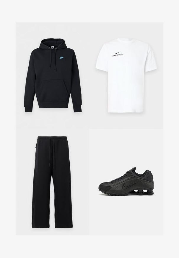 Must Nike tõmblukkudega kapuutsiga dressipluus, ees konnakotis, reguleeritava nööriga kapuuts ja vasakul rinnal väike sinine Nike logo.; Valge lühikeste varrukatega puuvillane t-särk. Esiküljel vasakul rinnal on must "Nike Official" logo ja must Swoosh.; Mustad mustad, pehmest kangast, tõmbluku ülesehitusega, laiad jalad ja küljetaskud, mis omavad siledat tekstuuri.; Mustad mustat jooksujalad, millel on sile sünteetiline ülemus, perforatsioonid, tekstureeritud külgpaneelid ja eristuv elastne tall.