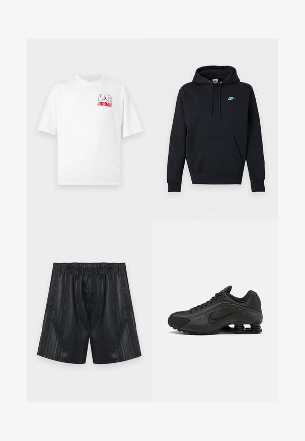 Μαύρο φούτερ Nike με μπροστινή τσέπη καγκουρό, κουκούλα με κορδόνι και μικρό μπλε λογότυπο Nike στο αριστερό στήθος.; Λευκό κοντομάνικο μπλουζάκι με τη λέξη «AIR» με μεγάλα γράμματα και το «JORDAN» με κόκκινα γράμματα από κάτω στο πάνω αριστερό μέρος του στήθους, με το λογότυπο Jumpman.; Μαύρο αθλητικό σορτς με ελαστική μέση και κάθετες διακριτικές ρίγες που περιλαμβάνουν επαναλαμβανόμενα λογότυπα "Nike" και σύμβολα swoosh.; Μαύρα αθλητικά παπούτσια με λείο συνθετικό άνω μέρος, διάτρητες λεπτομέρειες, υφή στις πλευρές και ξεχωριστή ελαστική σόλα.