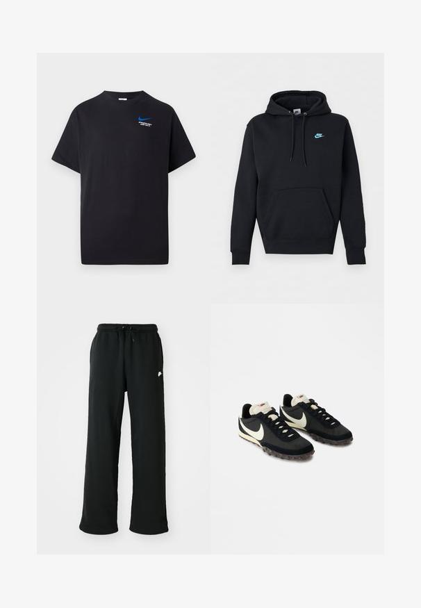Čierna mikina Nike s predným klokanie kapsou, kapucňou so sťahovacou šnúrkou a malým modrým logom Nike na ľavej strane hrudníka.; Čierne tričko s krátkym rukávom, s malým modrým Nike swoosh a bielym textom "ATHLETIC DEPT JUST DO IT." na hornej ľavej strane hrudi.; Čierne tepláky vyrobené z mäkkej tkaniny, s elastickým pásom a nastaviteľnou šnúrkou, a malým logom na boku.; Čierne športové topánky s textúrovaným zvrškom, bielym logom Swoosh a gumovou podrážkou s malými hrotmi pre lepšiu trakciu. Krémový golier.