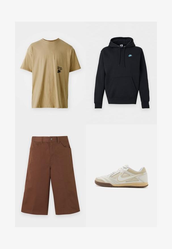 Sort Nike hættetrøje med for-kengululomme, snøre i hætten og lille blåt Nike-logo på venstre bryst.; Beige kortærmet T-shirt lavet af bomuld, som har sort "OFFICIAL USE ONLY" tekst og Nike-logo på venstre bryst.; Brune knælange shorts med vide ben, forlommer og knaplukning i linningen mod en ensfarvet baggrund.; Hvid atletisk sko med en struktureret overdel, grå accenter, snørebånd og en tan gummisål. Har et karakteristisk logo på siden.