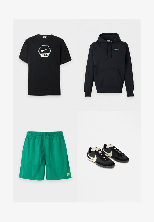 Μαύρο φούτερ Nike με μπροστινή τσέπη καγκουρό, κουκούλα με κορδόνι και μικρό μπλε λογότυπο Nike στο αριστερό στήθος.; Μαύρο κοντομάνικο μπλουζάκι Nike με εξαγωνικό λογότυπο που περιλαμβάνει το λευκό σήμα Nike και το κείμενο "NIKE" στο στήθος.; Πράσινο αθλητικό σορτς με ελαστική μέση και κορδόνι, με μικρό κίτρινο λογότυπο Nike στο κάτω δεξί μέρος του ποδιού.; Μαύρα αθλητικά παπούτσια με υφή στο επάνω μέρος, λευκό λογότυπο swoosh και καουτσούκ σόλα με μικρά καρφιά για πρόσφυση. Κρέμα χρώματος κολάρο.