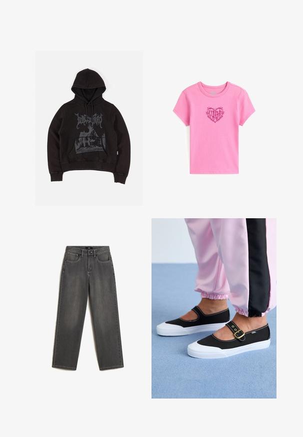 Zwarte hoodie van zacht materiaal met een voorkantzak. Bevat een grafische print van een huis in grijs, met een trekkoordcapuchon.; Roze katoenen T-shirt met korte mouwen en een ronde hals. Heeft een hartontwerp met het woord "VANS" erin, omlijnd in donkerroze.; Grijze wijde jeans van denim. Heeft vijf zakken, een sluiting met een knoop en ritssluiting aan de voorkant, en subtiele vervaging op de stof.; Zwarte canvas schoenen met een witte zool, met een uitgesneden ontwerp en een gouden gespband. Draagt met roze joggingsbroek.