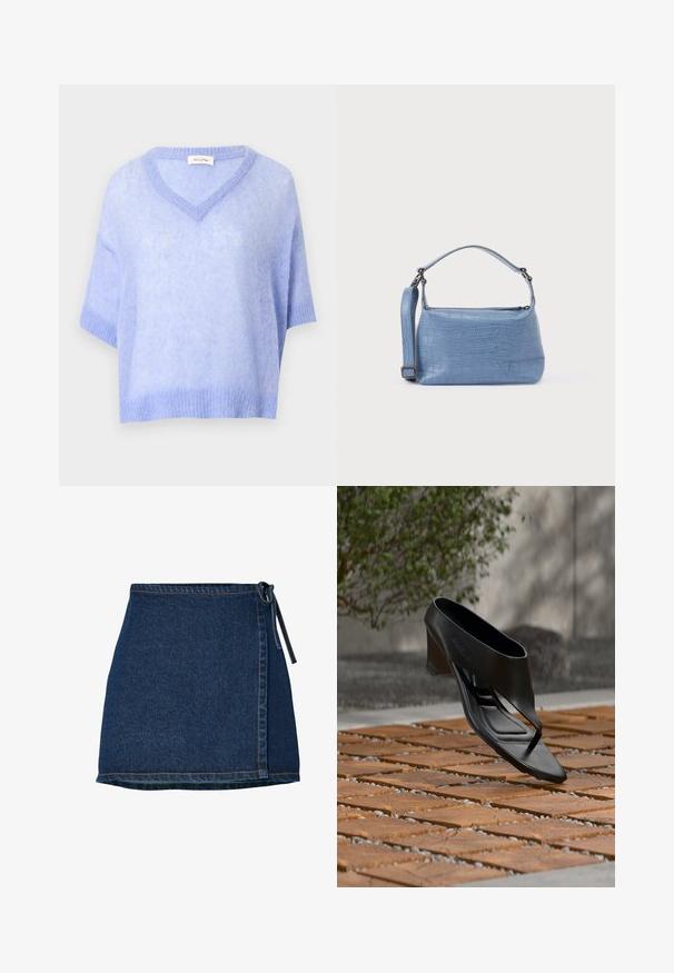 Weicher hellblauer flauschiger Pullover mit kurzen Ärmeln, V-Ausschnitt sowie geripptem Saum und Bündchen, auf weißem Hintergrund präsentiert.; Jeansrock mit Wickeldesign, dunkelblauer Farbe und gebundenem Taillenbund. Verfügt über Stichdetails entlang dem Saum und der Seitennaht.; Schwarze High-Heeled Sandale mit Zehensteg, schwebend über einer gemusterten Holz- und Kiesaußenfläche mit verschwommenem Grün und Wand im Hintergrund.; Hellblaue Handtasche mit Krokodilleder-Prägung, kurzem Griff und abnehmbarem Schulterriemen. Glatte Textur mit Reißverschlussverschluss.