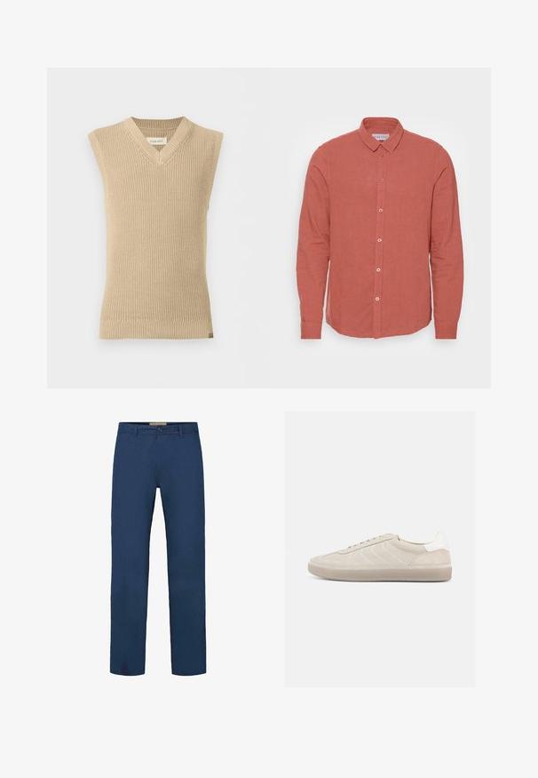Gilet en tricot beige sans manches avec col en V et ourlet côtelé, présenté sur fond blanc uni.; Chemise à manches longues en lin corail délavé, dotée d'un col classique et d'une fermeture à boutons sur le devant avec des boutons assortis. Texture lisse et coupe ajustée.; Pantalon en coton bleu marine avec une coupe droite, doté d'une fermeture à boutons à l'avant et de poches latérales visibles. Texture lisse.; Baskets en daim beige avec une tige texturée, un contrefort de talon blanc lisse, de fines lacets et une semelle extérieure en caoutchouc. Présente un design bas profil.