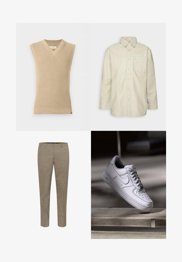 Beige, mouwloze gebreide trui met V-hals en geribde zoom, weergegeven tegen een effen witte achtergrond.; Deadwood SPIKE - Overhemd - off-white; Beige op maat gemaakte broeken met een subtiel ruitpatroon, rechte pijpen, voorzakken en een gladde stofstructuur.; Witte Nike Air Force 1 sneaker van leer met geperforeerde neus, platte veters en een gestructureerde rubberen zool met "AIR"-logo aan de zijkant.