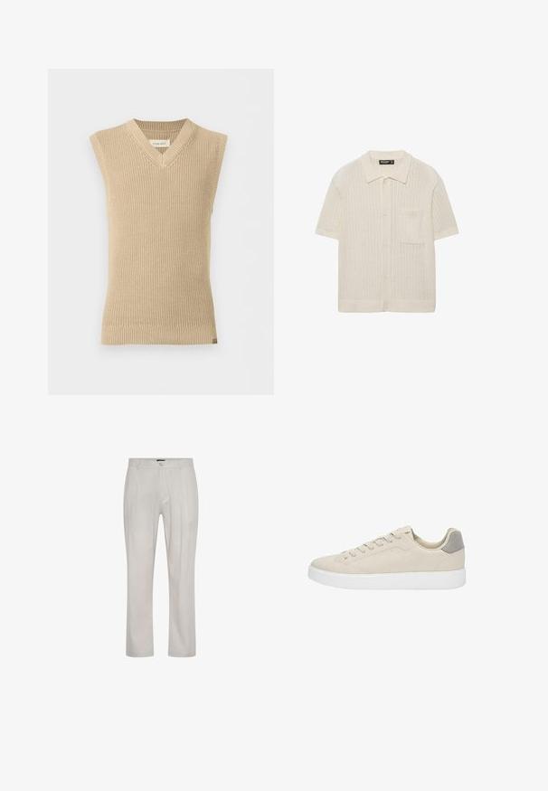 Gilet en tricot beige sans manches avec col en V et ourlet côtelé, présenté sur fond blanc uni.; Cardigan en maille beige à manches courtes, avec col, boutons sur le devant et une poche poitrine unique.; Pantalons beige clair en tissu doux et lisse. Présentent une coupe droite, des plis à l'avant et une fermeture à un bouton à la taille.; Baskets en suede beige avec semelles en caoutchouc blanches, présentant un design basse et un accent gris sur le talon. Fermeture à lacets avec des coutures minimales.