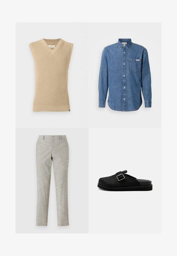 Beige, hihaton neulottu neuleliivi V-kaula-aukkolla ja resorireunuksella, esitetty yksinkertaista valkoista taustaa vasten.; Denim-paita keskipitkässä sinisessä, jossa on napitettava kaulus, pitkät hihat, etutasku ja valkoiset napit. Paitassa on hieman kaareva helma.; Harmaat housut, joissa on teksturoitu kangas, litteä etuosa, vetoketjukiinnitys ja yksi nappikiinnitys. Muotoiltu slim fit, suorat lahkeet.; Musta slip-on-pistokkaat, jossa teksturoitu päällinen, hopeanvärinen solkihihna ja paksu uurrettu pohja, nähtynä sivuprofiilissa valkoisella taustalla.