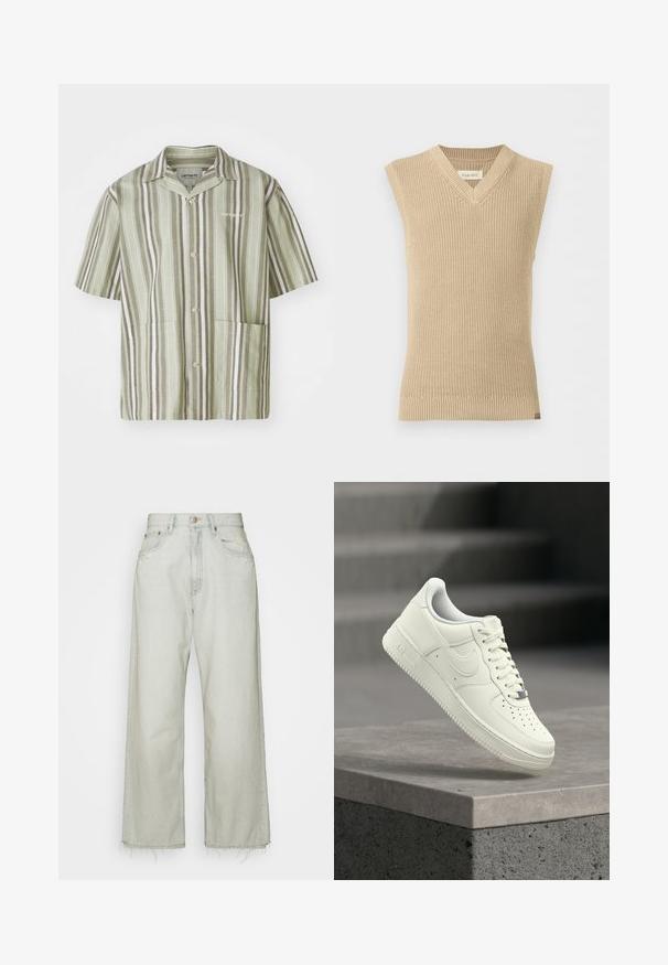 Beige, ærmeløs strikket sweatervest med V-udskæring og ribbet kant, vist mod en ensfarvet hvid baggrund.; Kortærmet skjorte med knapper i lysegrøn med lodrette striber i mørkegrøn og hvid. Har to forlommer og krave.; Lyse vaskede wide-leg jeans lavet af denim, med høj talje, frynset kant og diskret slid på frontlommerne.; Hvid lædersneaker med lavprofildesign, tekstureret overflade, perforeringer på tåen og sølvfarvede detaljer på snørebånd og mærkning.
