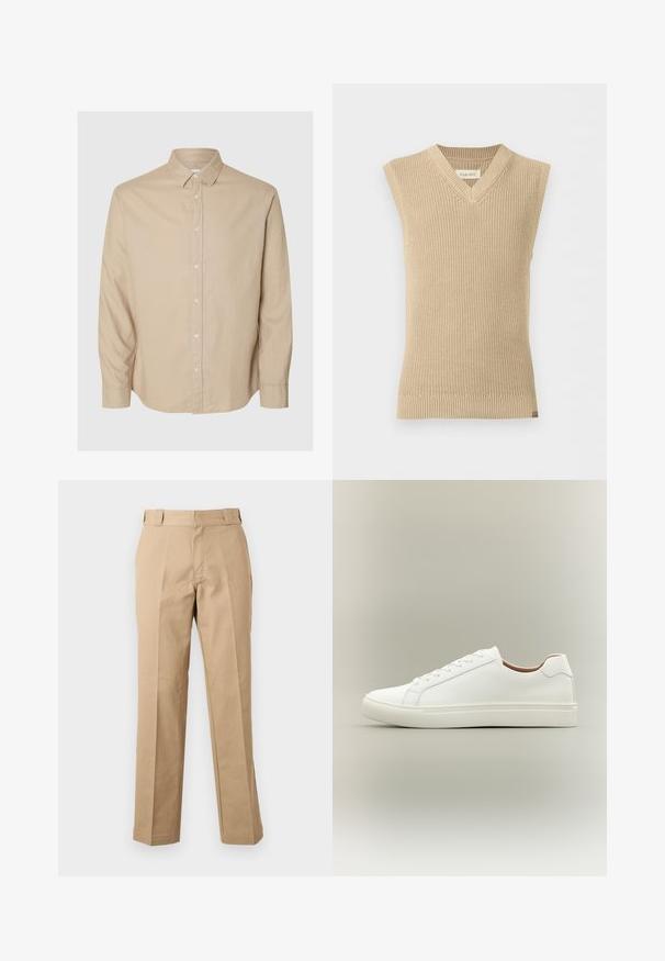 Beige, ærmeløs strikket sweatervest med V-udskæring og ribbet kant, vist mod en ensfarvet hvid baggrund.; Selected Flannel - Skjorter - pure cashmeredetail:mixed w. oatmeal; Beige bukser med lige ben, bæltestropper, foran lynlås og pressede slidser, vist mod en hvid baggrund.; Hvid lavt snøresko med snørelukning og flad sål, vist fra siden på en neutral baggrund.