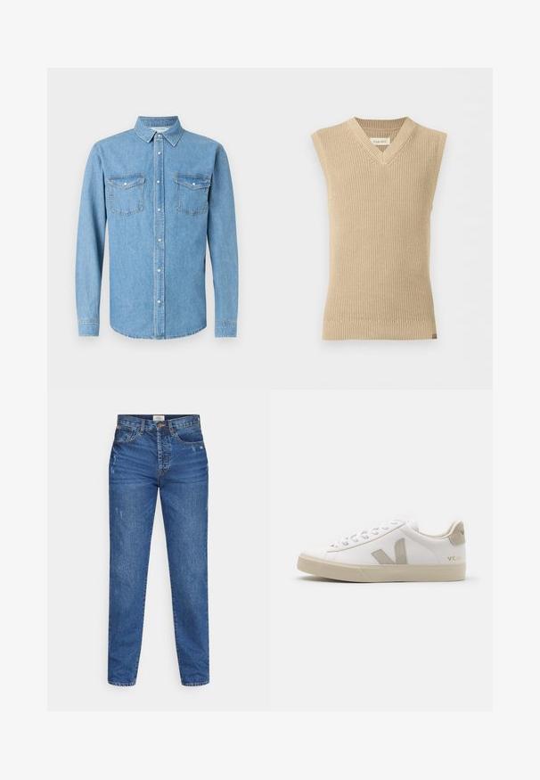 Gilet en tricot beige sans manches avec col en V et ourlet côtelé, présenté sur fond blanc uni.; Chemise en denim bleu clair à manches longues, fermeture boutonnée à l'avant, et deux poches poitrine. Dotée d'un col classique et d'une texture lisse.; Redefined Rebel ROME - Jean droit - dark coast; Baskets en cuir blanc avec des accents beiges, semelle plate en caoutchouc, bout rond et logo contrastant sur le côté et à l'arrière. Design à lacets.
