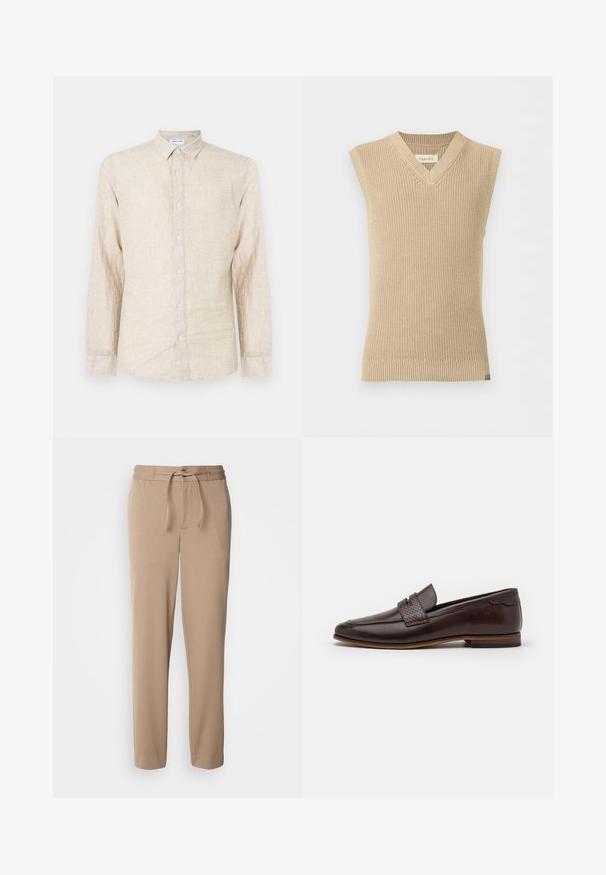 Beige, mouwloze gebreide trui met V-hals en geribde zoom, weergegeven tegen een effen witte achtergrond.; Beige overhemd met lange mouwen, gemaakt van gestructureerde stof, met een klassieke kraag, knoopsluiting en een ontspannen pasvorm.; Beige sweatpants gemaakt van zachte katoen, met een elastische tailleband, trekkoord, slim fit en rechte benen zonder patronen.; Bruine leren loafers met een geweven accent over de bovenkant, een soepele afwerking, een lichtpuntige neus en een lage gestapelde hak.