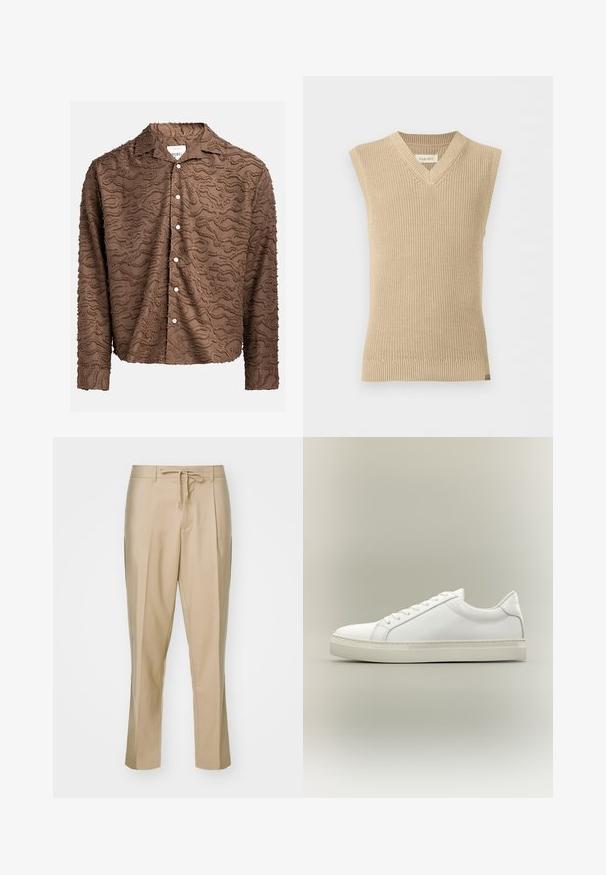Chaleco de punto beige sin mangas con escote en V y bajo acanalado, mostrado sobre un fondo blanco liso.; Camisa marrón de botones con un patrón texturizado en espiral, tejido ligero, mangas largas y botones blancos en la parte delantera para cierre.; Pantalones beige a medida con cintura ajustable y perneras rectas, y dos bolsillos laterales. Hechos de una tela suave, con pliegues definidos.; Zapatilla blanca de perfil bajo con cordones en la parte delantera y suela gruesa, mostrada de lado sobre un fondo neutro.