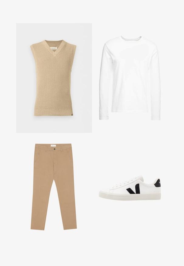 Gilet en tricot beige sans manches avec col en V et ourlet côtelé, présenté sur fond blanc uni.; T-shirt blanc à manches longues en coton doux. Encolure ronde avec des ourlets droits et sans motifs ni graphiques visibles.; Chinos kaki en coton mélangé, dotés d'un devant plat, de deux poches latérales et d'une poche arrière unique. Tissu léger avec une texture lisse.; Sneaker blanche en cuir avec des accents en daim noir ; dispose d'une semelle en caoutchouc, d'un bout rond et d'un design classique à lacets. Logo latéral en noir.
