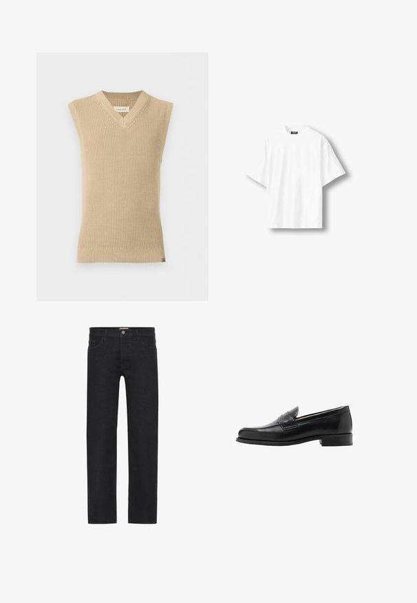 Beige, mouwloze gebreide trui met V-hals en geribde zoom, weergegeven tegen een effen witte achtergrond.; Wit T-shirt met korte mouwen en een ronde hals met een zwart label aan de binnenkant van de kraag, afgebeeld tegen een witte achtergrond.; Zwarte recht-toe-rechtaan jeans van denim, met een knoopsluiting in de taille, vijf zakken en een minimalistisch ontwerp zonder zichtbare patronen.; Zwarte leren loafers met een slank ontwerp, gladde textuur, opvallende stiksels en een lage blokhiel. Geen zichtbare metalen onderdelen of versieringen.