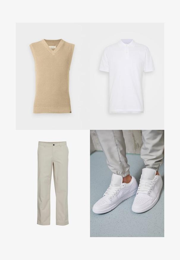 Beige, mouwloze gebreide trui met V-hals en geribde zoom, weergegeven tegen een effen witte achtergrond.; Witte poloshirt met een klassieke kraag, drie knopen en korte mouwen. Gemaakt van gladde katoenstof met een eenduidig ontwerp.; Beige katoenen broek met een rechte pijp, zakken aan de voorkant en een enkele knoopsluiting. Soepele textuur met minimale stikdetails.; Witte leren sneakers met een geperforeerde neus, platte veters, een gepolsterde kraag en het Jordan-logo op de tong. Gediend met grijze joggers.