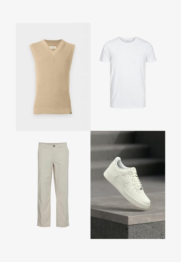 Beige, ærmeløs strikket sweatervest med V-udskæring og ribbet kant, vist mod en ensfarvet hvid baggrund.; Rundhals kortærmet t-shirt i ensfarvet hvid, lavet af blød bomuld, har et simpelt design uden synlige mønstre eller detaljer.; Beige bomuldsbukser med lige ben, frontlommer og enkelt knaplukning. Glat tekstur og minimale syningsdetaljer.; Hvid lædersneaker med lavprofildesign, tekstureret overflade, perforeringer på tåen og sølvfarvede detaljer på snørebånd og mærkning.