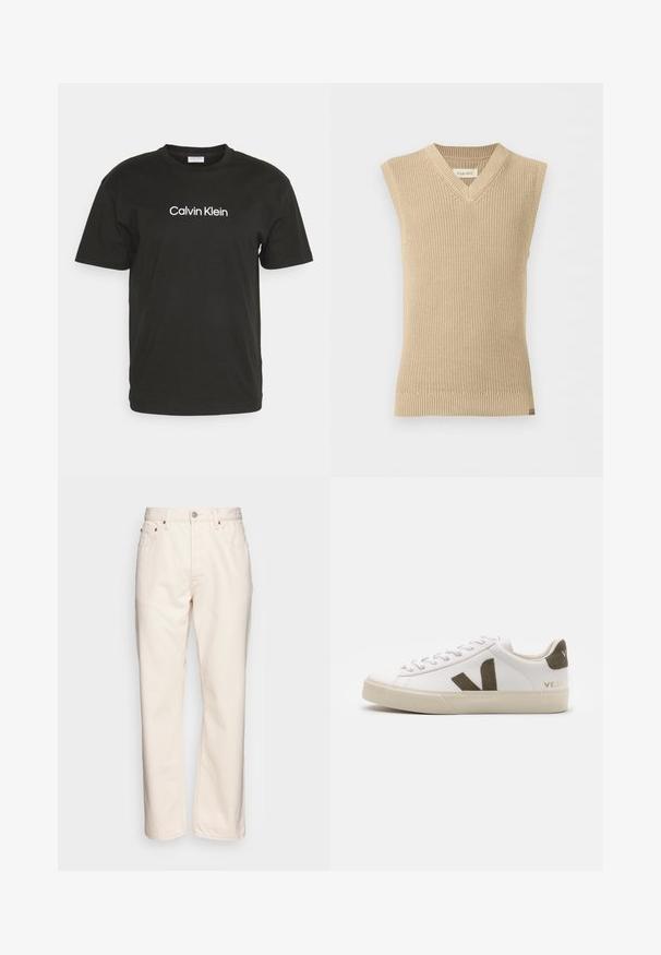 Beige, mouwloze gebreide trui met V-hals en geribde zoom, weergegeven tegen een effen witte achtergrond.; Zwarte katoenen t-shirt met een ronde halslijn en korte mouwen, met het logo "Calvin Klein" in het wit gedrukt op de voorkant.; Crème-kleurige denim jeans met een rechte pijpdesign. Beschikt over vijf zakken, sluiting met knoop aan de voorkant en contrasterende stikseldetails.; Witte leren sneakers met een lichtbeige rubberen zool. Voorzien van een bruine suède V-logo en hieltab. Gespsluiting met een gestructureerd oppervlak.