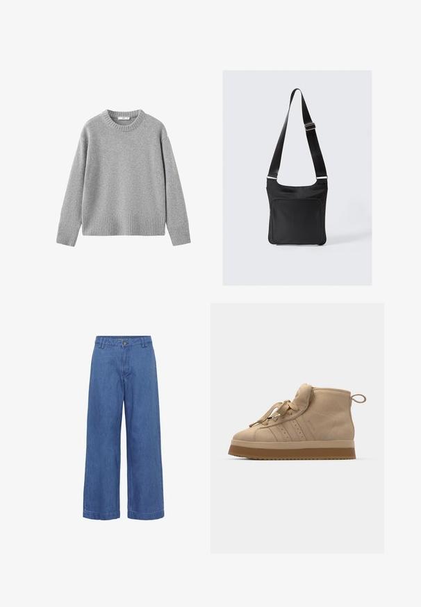 Grauer Pullover aus weichem Strickmaterial, mit rundem Ausschnitt, überschnittenen Schultern und geripptem Saum sowie Bündchen für Struktur.; Blaue Jeans mit weitem Bein, Knopf- und Reißverschluss, Gürtelschlaufen und schlichtem Design.; Beige Wildleder-Hochtop-Sneaker mit einer dicken Gummisohle, ausgestattet mit einer umklappbaren Zunge, runder Spitze und dekorativen Schnürsenkeln.; Schwarze Nylontasche mit flachem Design, verstellbarem Tragegurt und frontaler Reißverschlusstasche. Sie zeichnet sich durch eine glatte Textur und einen minimalistischen Stil aus.